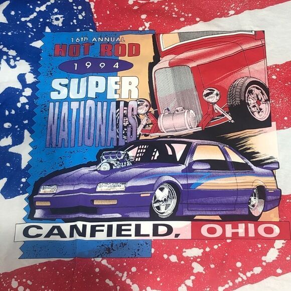 Vintage 90’s Hot Rod Super Nationals Canfield OH T Shirt XL US Flag All Over AOP - Picture 2 of 6